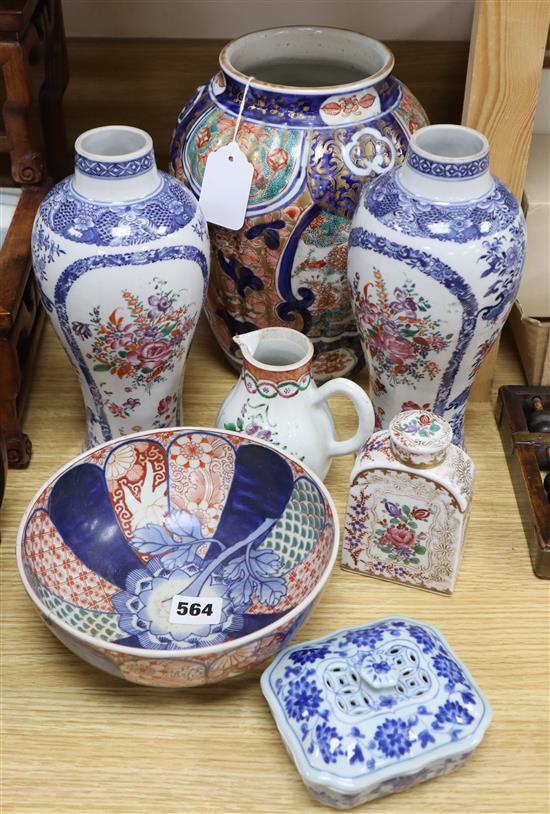 A pair of 18th century Chinese famille rose vases, a similar jug, a Japanese Imari vase and two other items